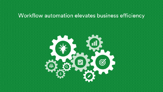 Cogs in different sizes with icons containing icons such as lightbulb, chart, target, checkmark, pencil, search icon, dollar sign, team of people to show business efficiency due to workflow automation
