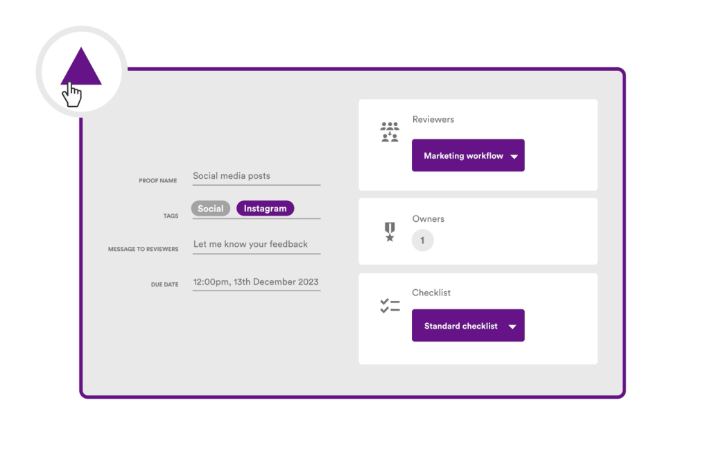 PageProof proof template example - Tips and tricks for marketing and creative teams An illustration of proof template for social media posts with purple triangle in corner, marketing workflow, checklist, tags etc