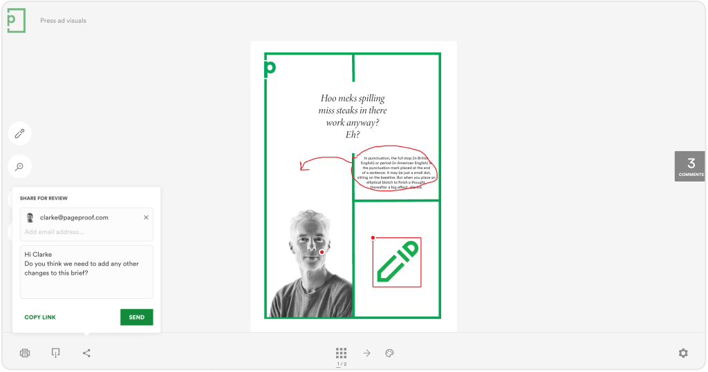 Example of PageProof's proofing process, with the shared review section in the bottom left.