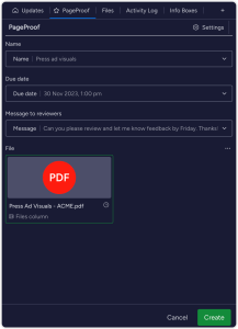 monday.com and PageProof integration item view dark mode of UI.