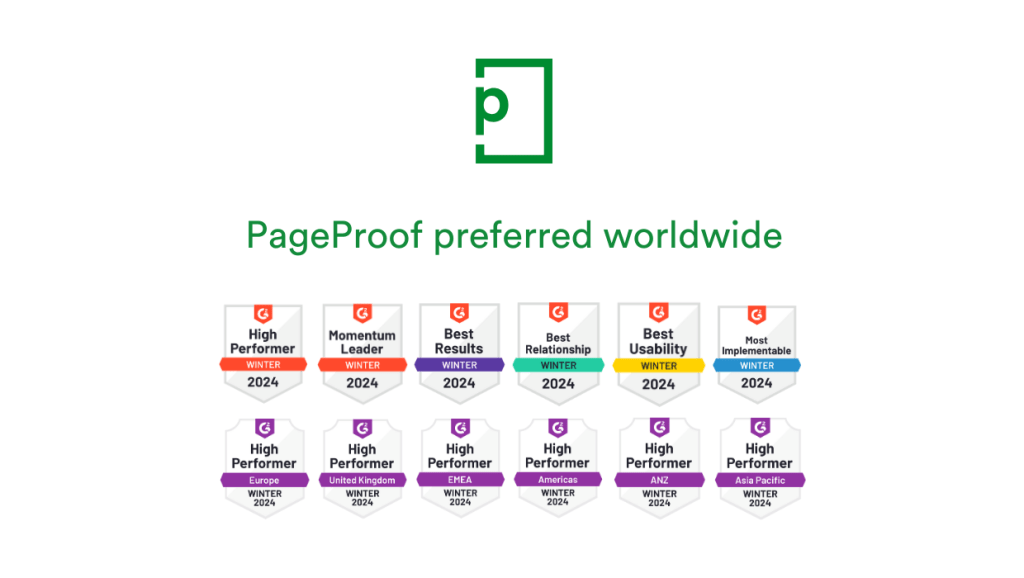 PageProof high performer, momentum leader, best results, best relationship, best usability and most implementable awards. 