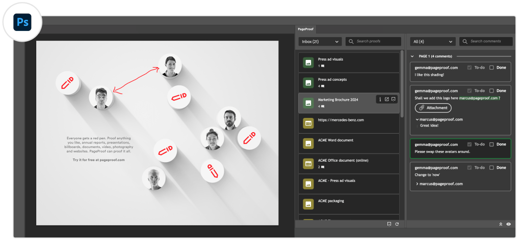 Photoshop Adobe add - Tips and tricks for marketing and creative teams Image showing the PageProof plugin for Adobe Photoshop