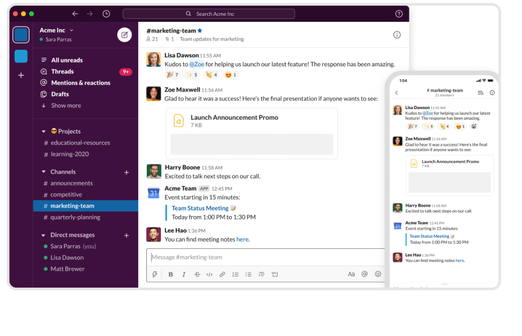 Slack dashboard screenshot displaying real time collaboration tools