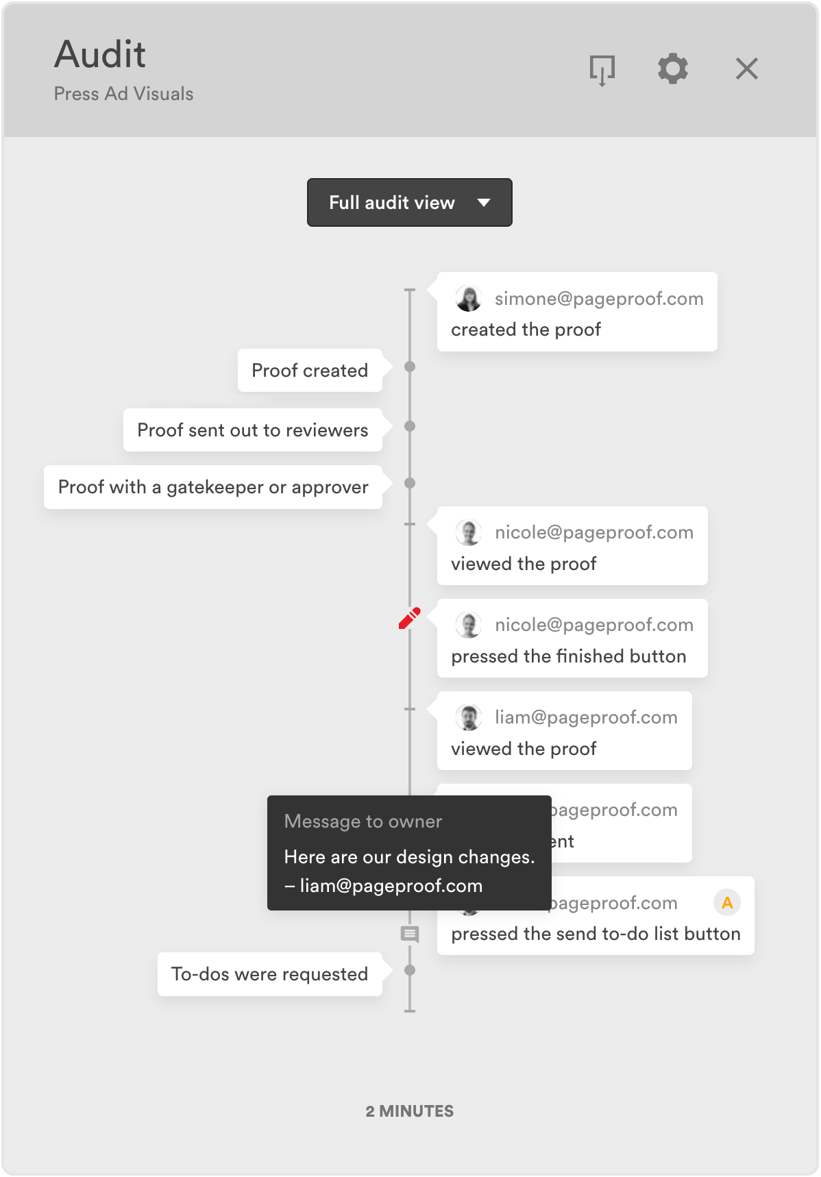 Screenshot of a PageProof audit trail timeline showing proof creation, review, and to-do request activity with timestamps and reviewer actions.