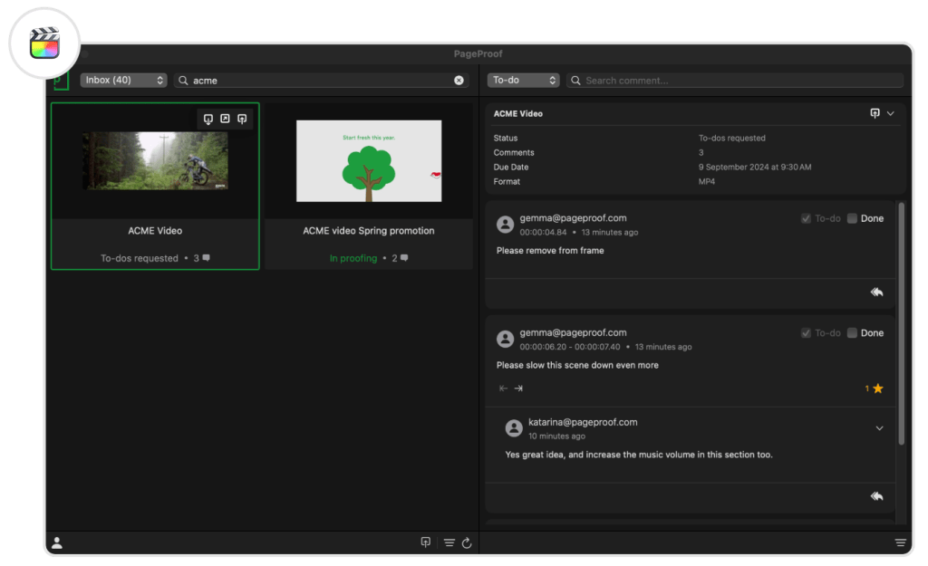 PageProof plugin for Final Cut Pro dashboard