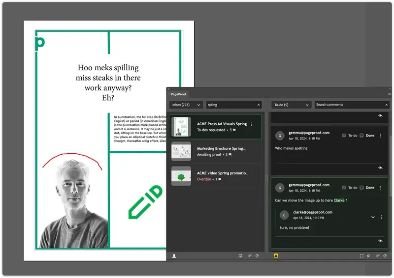 Markup from PageProof shown in Adobe InDesign via plugin including context of each comment.