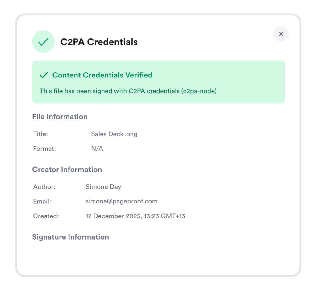 Image of verified Content Credentials in FinalFile.com.