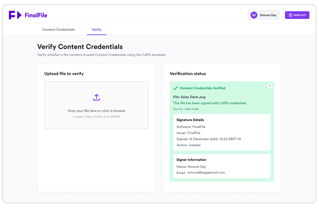 Image of Content Credentials verified in FinalFile.com