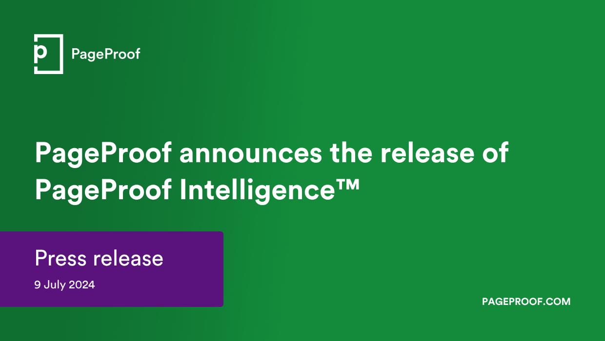 PageProof press release 9 July 2024 - Tips and tricks for marketing and creative teams Green hero banner: PageProof announces the release of PageProof Intelligence™ with a purple "Press release" badge showing 9 July 2024 in the bottom-left.