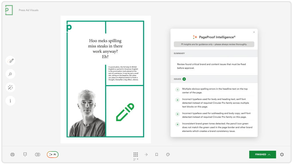 PageProof interface screenshot showing a press ad with a misspelled headline, with the PageProof Intelligence panel open.