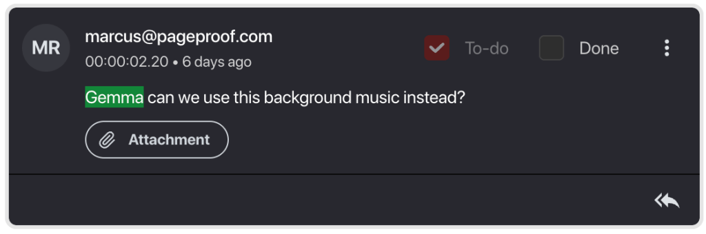 PageProof-davinci-plugin-comment-with-attachment - Tips and tricks for marketing and creative teams Chat message from Marcus asking Gemma 'can we use this background music instead?', with an Attachment button visible.