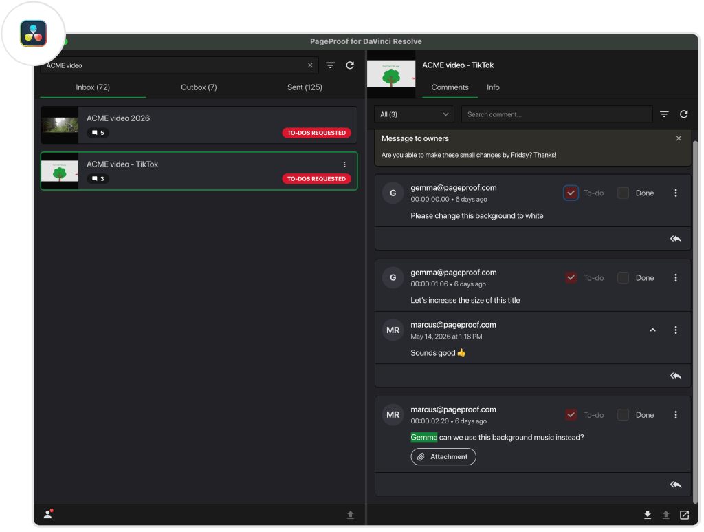PageProof-davinci-plugin-full-view 1 - Tips and tricks for marketing and creative teams Screenshot of PageProof in DaVinci Resolve: left panel shows Inbox with ACME video cards and a red To-Do badge; right panel shows Comments with a message to owners about changing the background.
