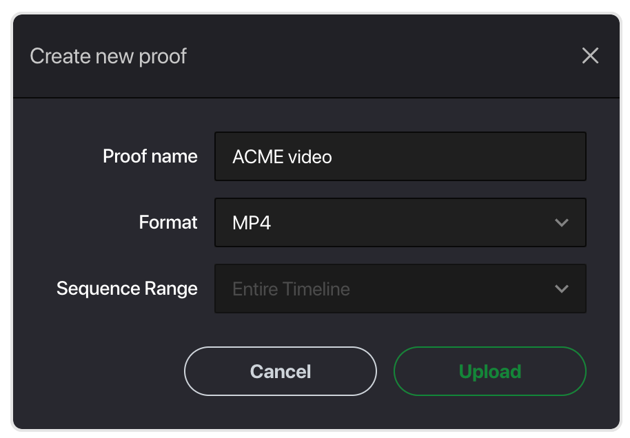 PageProof-davinci-plugin-upload-proof - Tips and tricks for marketing and creative teams Create new proof dialog: name ACME video, format MP4, sequence range Entire Timeline, with Cancel and Upload buttons