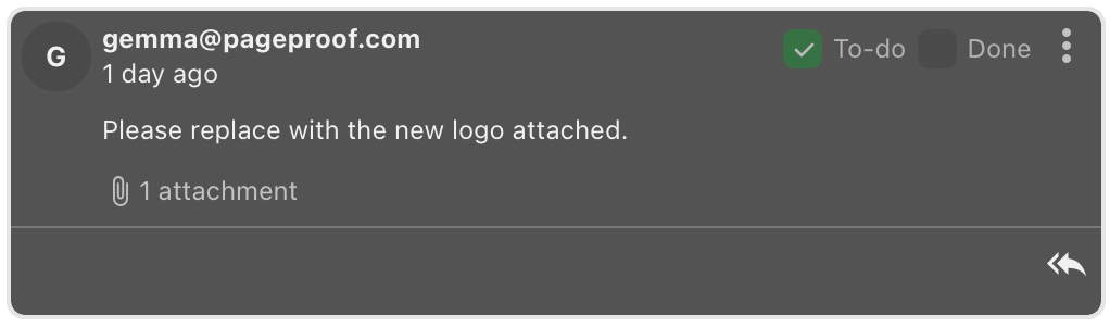 Task card: message from gemma@pageproof.com asking to replace with the new logo attached; 1 attachment