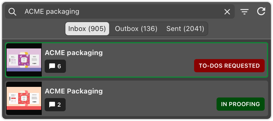 Inbox: ACME packaging item highlighted as To-Do Requested (6 comments); second item ACME Packaging in Proofing (2 comments).
