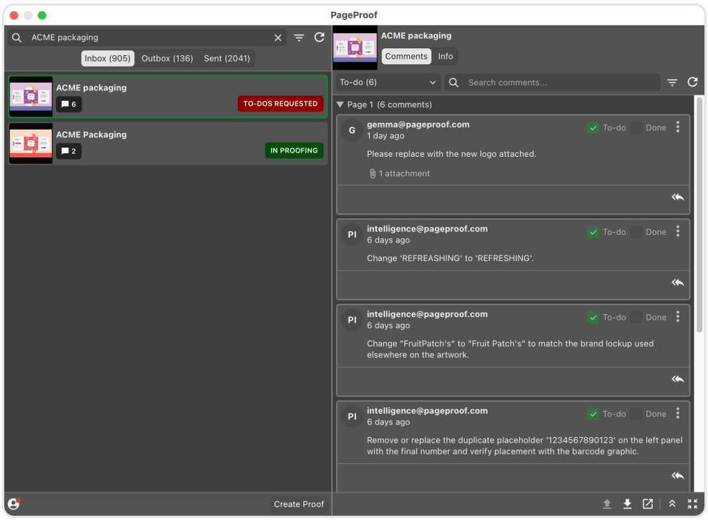 PageProof workspace for'ACME packaging' showing two tasks: 'TO-DOS REQUESTED' and 'IN PROOFING', with a comments panel on the right.