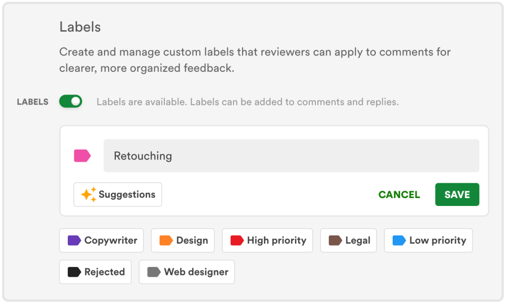Labels panel with an on/off toggle, showing a Retouching label and a Suggestions button, plus tag chips like Copywriter and Design.