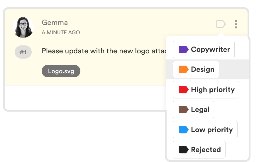 Chat-style task card from Gemma: "Please update with the new logo attached" with Logo.svg attachment and a right-side priority menu (Copywriter, Design, High priority, Legal, Low priority, Rejected).