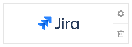 Jira logo on a white card with a small right-side toolbar showing Settings and Trash icons.