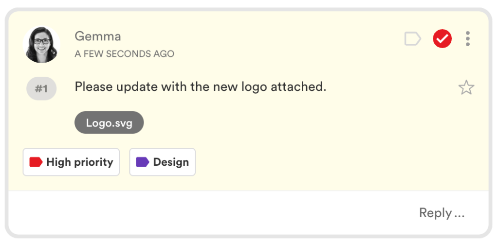Message from Gemma:'Please update with the new logo attached.' with Logo.svg, tagged High priority and Design.