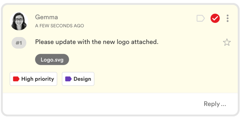 Message from Gemma:'Please update with the new logo attached.' with Logo.svg, tagged High priority and Design.