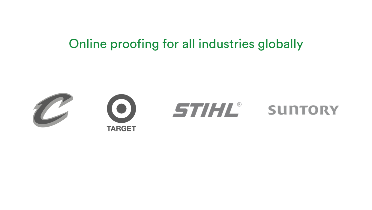 pageproof-customer-logos - Tips and tricks for marketing and creative teams Banner with green headline 'Online proofing for all industries globally' and four grayscale logos (left to right: unknown C-like logo, TARGET, STIHL, SUNTORY).