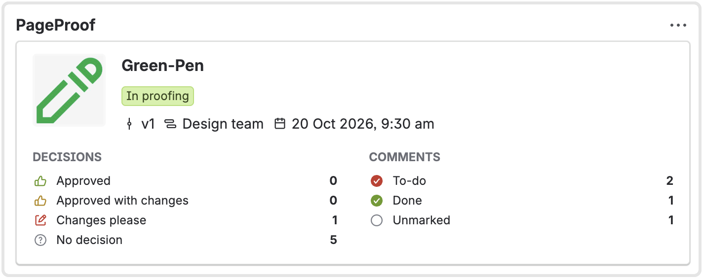 proof-overview-panel-jira - Tips and tricks for marketing and creative teams PageProof card: Green-Pen in proofing, v1, design team, 20 Oct 2026, 9:30 am; decisions and comments counts.