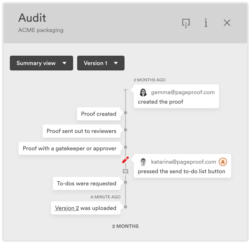 audit-all-versions - Tips and tricks for marketing and creative teams Timeline showing ACME packaging proof workflow with messages like 'Proof created' and 'sent to reviewers'.