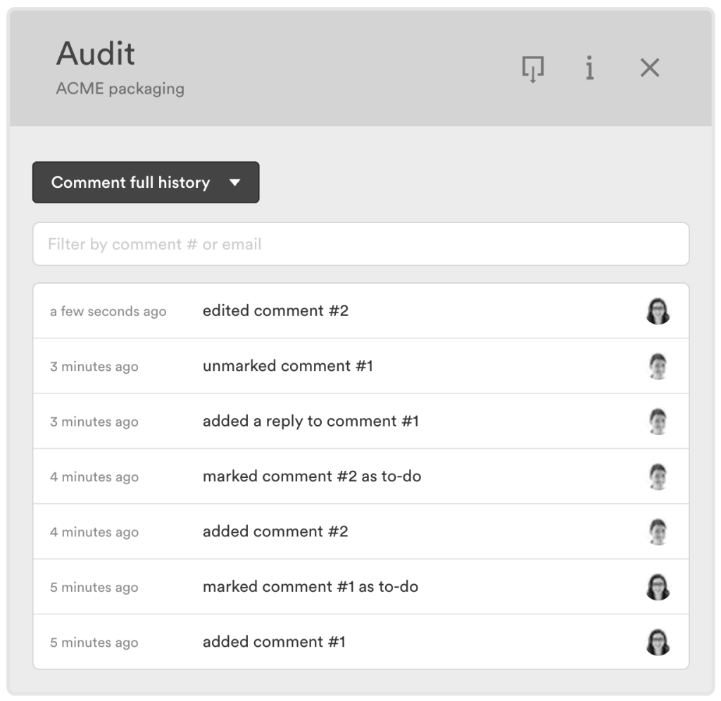 comment-full-history-audit 2 - Tips and tricks for marketing and creative teams Audit panel titled 'Audit' for ACME packaging showing full comment history with a dropdown, search field, and a vertical list of recent comments with user avatars on the right