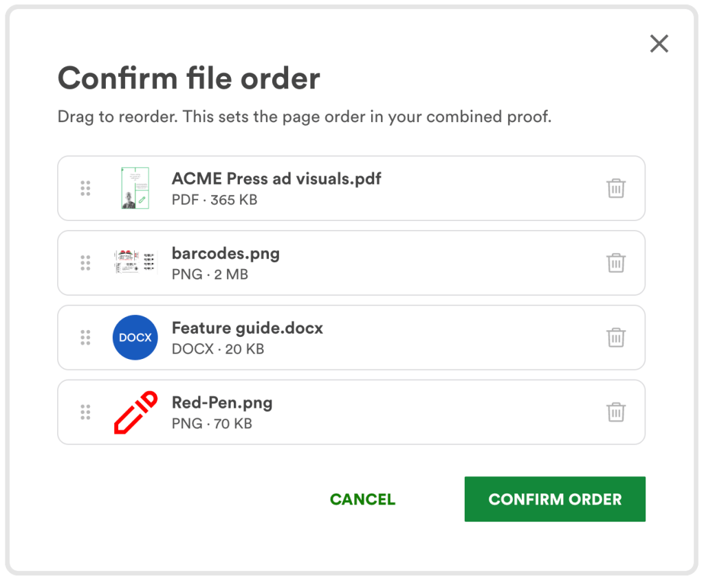confirm-file-order - Tips and tricks for marketing and creative teams Modal titled 'Confirm file order' showing four files to reorder: ACME Press ad visuals.pdf (PDF, 365 KB), barcodes.png (PNG, 2 MB), Feature guide.docx (DOCX, 20 KB, blue DOCX icon), Red-Pen.png (PNG, 70 KB); each with drag handle and delete, and CANCEL / CONFIRM ORDER actions.