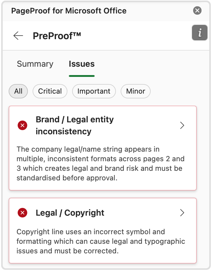example-preproof-issues - Tips and tricks for marketing and creative teams Screenshot of a PreProof Issues panel showing two items: Brand / Legal entity inconsistency and Legal / Copyright with brief descriptions.