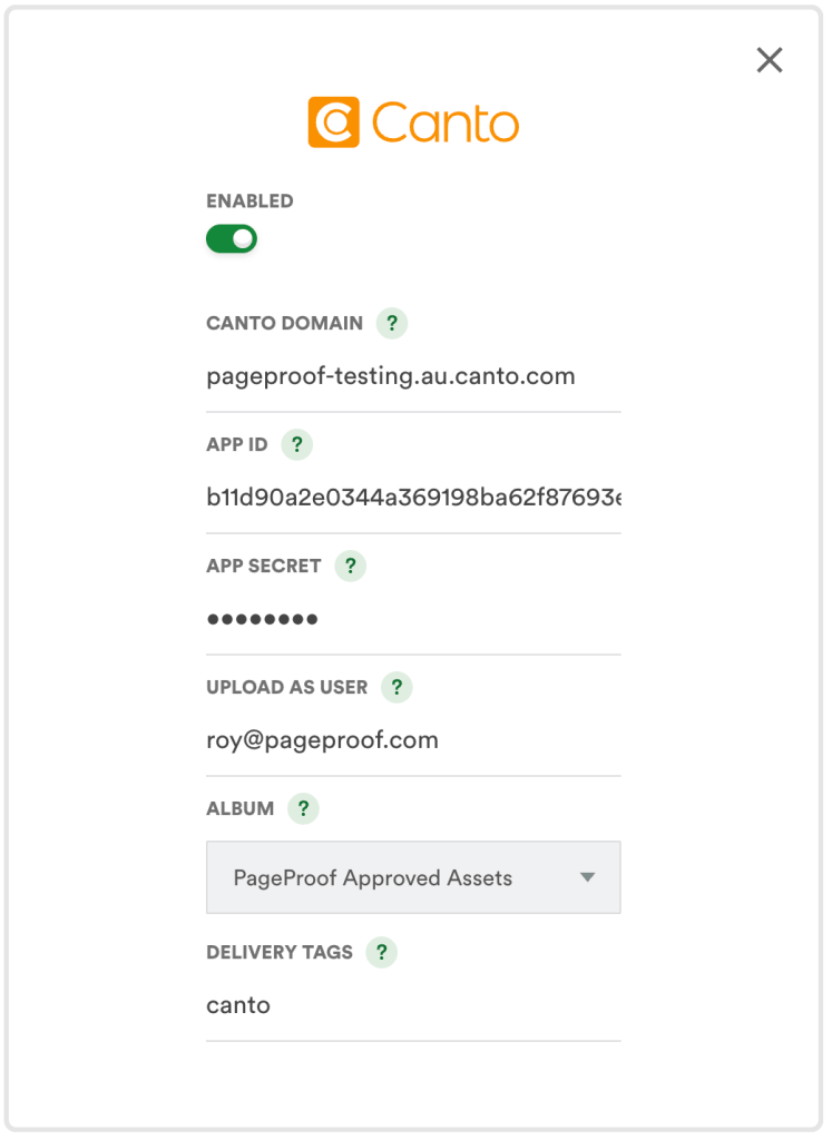 finalfile-delivery-canto - Tips and tricks for marketing and creative teams Canto integration settings dialog with enabled switch on, showing domain, app ID, hidden app secret, user email, album, and delivery tag fields.
