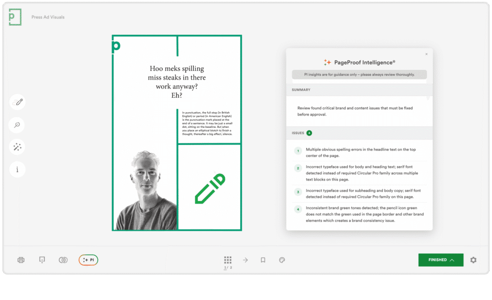 image - Tips and tricks for marketing and creative teams Screen capture of a design app showing a poster with teal borders and a portrait, plus a PageProof Intelligence feedback panel on the right listing issues.