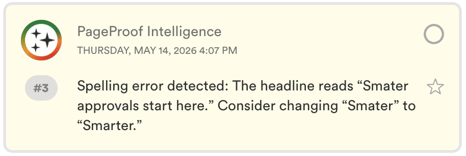 pageproof-intelligence-comment - Tips and tricks for marketing and creative teams Notification from PageProof Intelligence flags a spelling error in a headline: change 'Smater' to 'Smarter'.