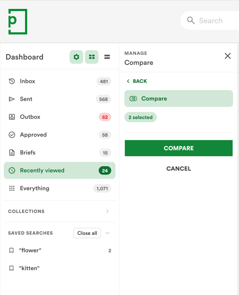 pageproof-sidebar - Tips and tricks for marketing and creative teams The redesigned PageProof dashboard sidebar, showing Inbox, Sent, Outbox, Approved, Briefs, Recently viewed, Collections, and Saved searches, with a bulk Compare action selected on two proofs.