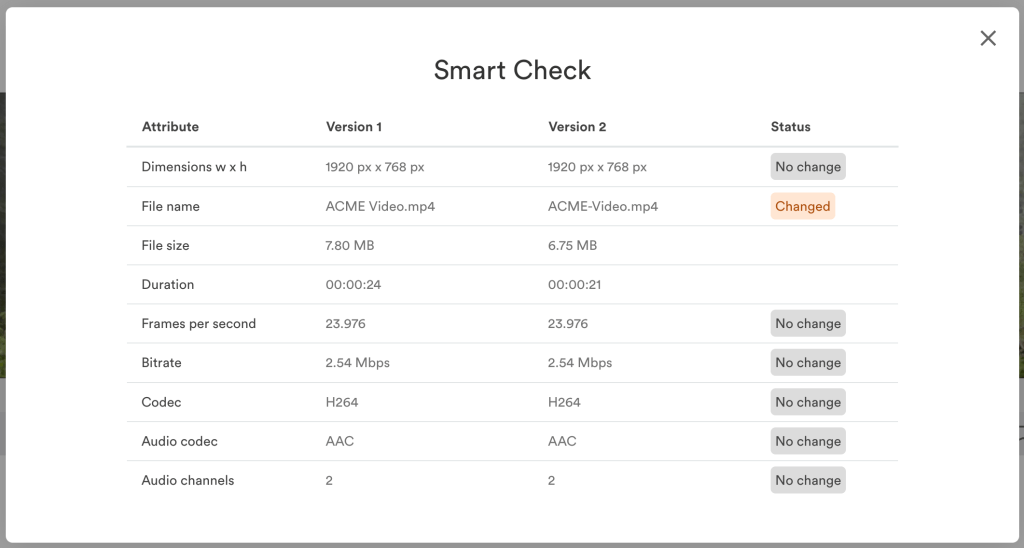 smart-check-for-video - Tips and tricks for marketing and creative teams Modal titled 'Smart Check' showing a comparison table: Attribute, Version 1, Version 2, Status (e.g., Dimensions, File name changed, etc.).