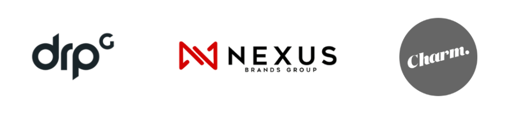 agencies-logo-bar - Tips and tricks for marketing and creative teams Three brand logos displayed in a horizontal row: DRPG on the left, Nexus Brands Group in the center, and Charm inside a gray circle on the right.