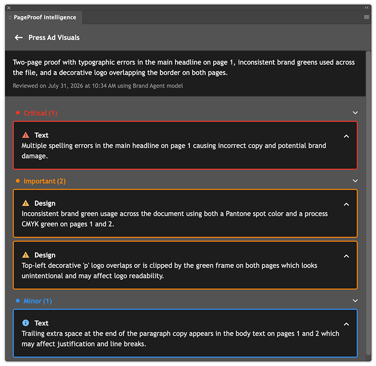 insights-found-with-preproof - Tips and tricks for marketing and creative teams Screenshot of PageProof Intelligence showing the'Press Ad Visuals' review panel with issue summaries: Critical—Text: spelling errors in the main headline; Important—Design: inconsistent green branding across pages 1 and 2; Design: decorative 'p' logo overlapping/clipped by the green frame; Minor—Text: trailing space at end of paragraph on pages 1 and 2.