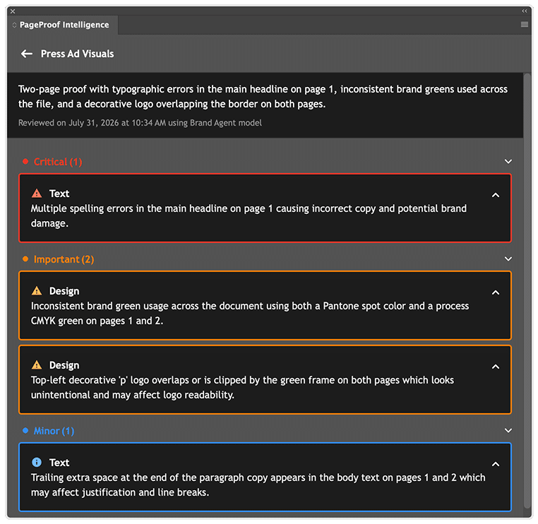 insights-found-with-preproof - Tips and tricks for marketing and creative teams UI screenshot of PageProof Intelligence issue panel labeled Press Ad Visuals, listing validation warnings: one Critical text error, two Design warnings about color/logo, and one Minor text issue.
