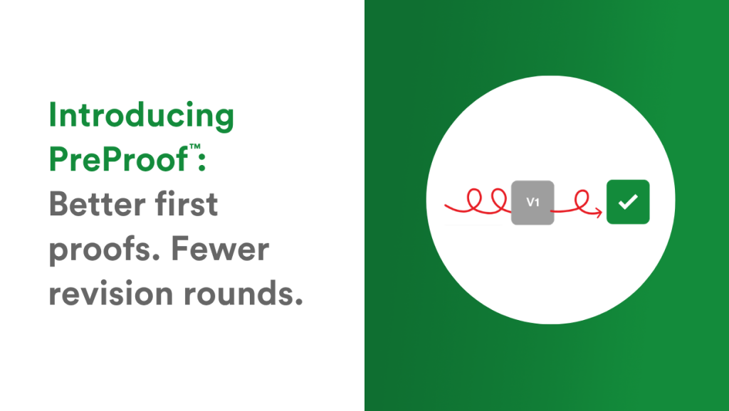introducing-preproof-blog-header - Tips and tricks for marketing and creative teams Promotional hero: left text announcing PreProof; right shows a V1 workflow icon with arrows and a green check on a green background.