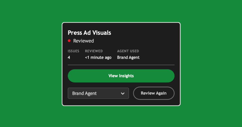 preproof-brand-agent-review-card - Tips and tricks for marketing and creative teams Modal card titled 'Press Ad Visuals' showing 4 issues, 'Reviewed' status, agent Brand Agent, with a green 'View Insights' button and secondary controls (dropdown and 'Review Again').