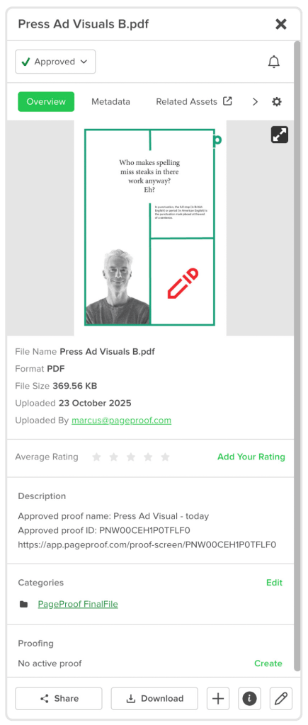 press-ad-visuals-b-metadata - Tips and tricks for marketing and creative teams Screenshot of an asset detail panel for Press Ad Visuals B.pdf, showing the PDF thumbnail with a person photo and red CID logo and metadata fields (size, date, uploader).