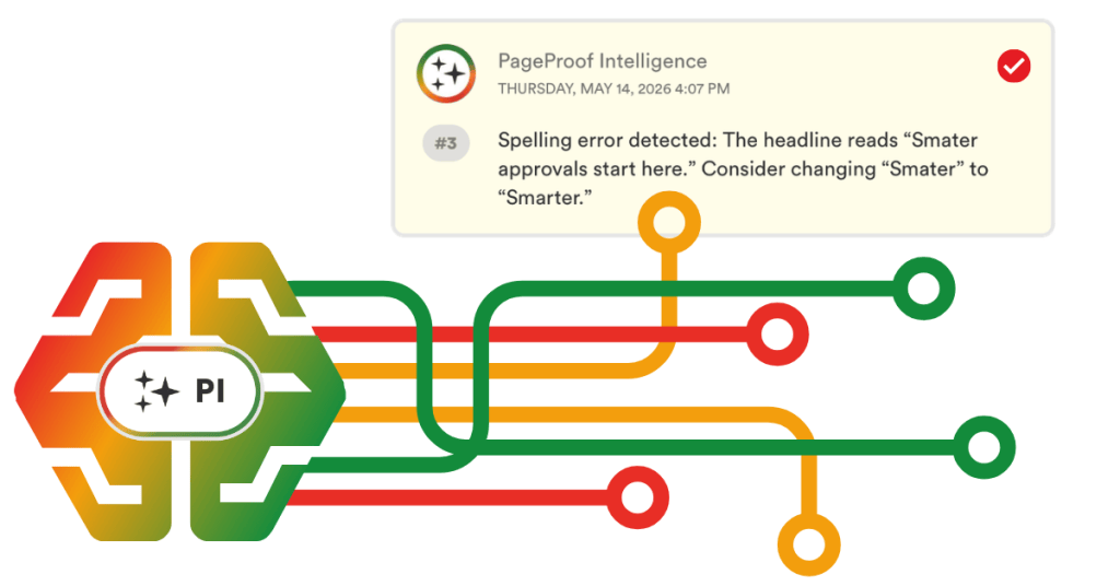 PI-AI-agent-comment - Tips and tricks for marketing and creative teams Colorful circuit diagram featuring a PI emblem and a PageProof Intelligence alert about a spelling error ('Smater' vs 'Smarter').