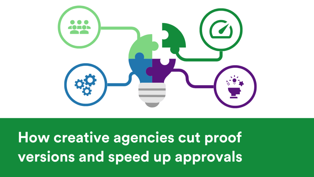 agencies-proof-approvals-blog-header - Tips and tricks for marketing and creative teams Infographic: a puzzle-piece lightbulb connected to four circular icons (people, gears, gauge, trophy) above a bold green title about speeding up approvals.