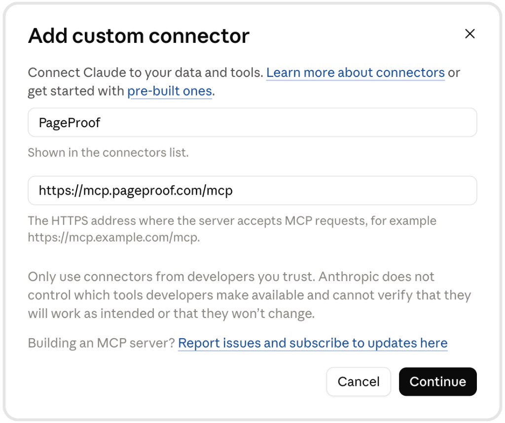 pageproof-mcp-add-connector - Tips and tricks for marketing and creative teams Modal titled 'Add custom connector' with form fields for connector name (PageProof) and URL (https://mcp.pageproof.com/mcp), plus helper text and Cancel/Continue buttons.