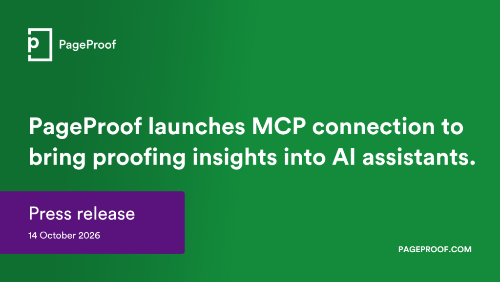 pageproof-mcp-pr-blog-header - Tips and tricks for marketing and creative teams Green PageProof press release hero on green background with the headline about MCP connection for AI assistants and a purple 'Press release' badge on the left with date.